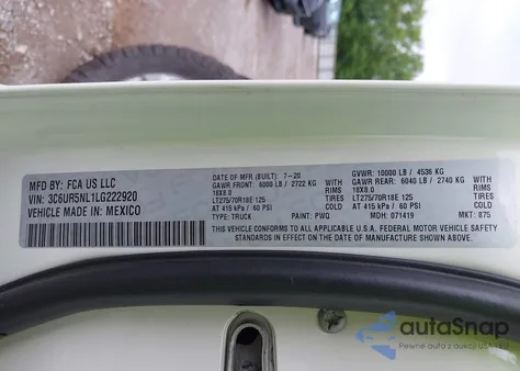 2020 Ram 2500 Laramie 4X4 6'4 Box z USA, uszkodzony, nr VIN 3C6UR5NL1LG222920